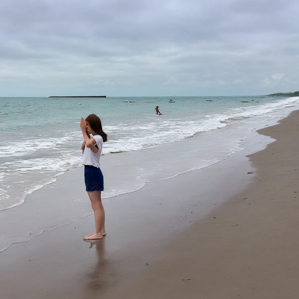 Young girl stands with legs wide apart on the beach