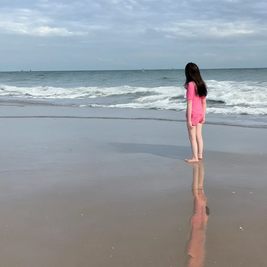 Young girl stands with legs wide apart on the beach