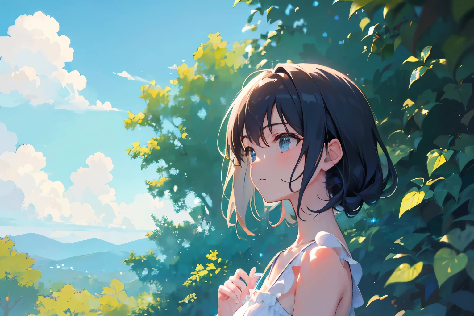 Create exquisite illustrations reminiscent of Makoto Shinkai's style, It has ultra-fine details and top-notch quality. Generate a high-quality illustration depicting a scene of summer where a beautiful girl's hair is blowing in the wind. Ensure that the overall composition exudes a sense of nostalgia and fantasy, with intricate details capturing the essence of a nostalgic summer day. Pay attention to elements such as the gentle breeze ruffling the girl's hair, the warm sunlight casting dappled shadows, and the serene expression on the girl's face as she enjoys the tranquility of the moment. Aim for a finely crafted artwork that transports viewers to a nostalgic and whimsical summer scene. best quality, masterpiece