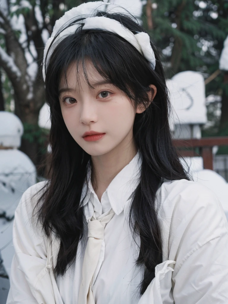 Best quality，masterpiece，Ultra-high resolution，snow，16K,Snow background，（Photo Realism：1.4),1 Girl，JK，，（Shirt and Tie：1.2),（：1.3),（Upper body：1.4)