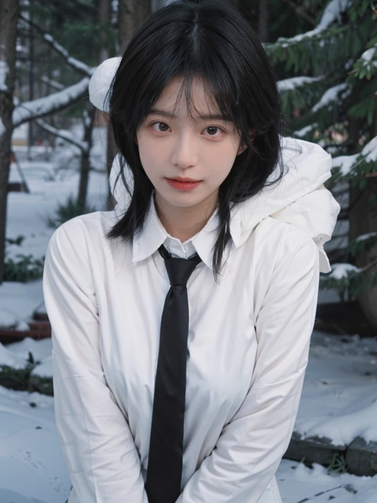 Best quality,masterpiece,Ultra-high resolution,snow,16K,Snow background,(Photo Realism:1.4),1 Girl,JK,Sexy,(Shirt and Tie:1.2),(Big breasts:1.3),(Upper body:1.4)