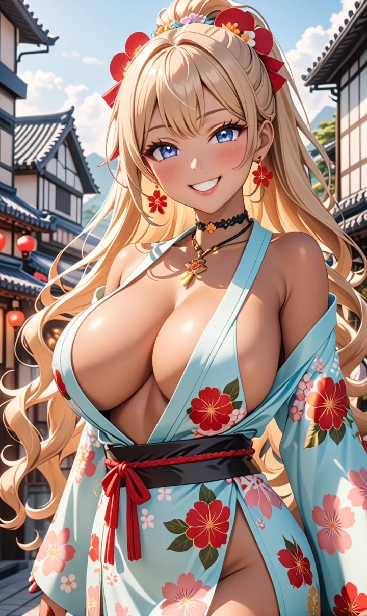 ultra-detailed, ((one girl)), (tan skin:1.6), in pastel colors gyaru, (heavy makeup), (professional lighting) hyper detailed, absurdres, 8K, Beautiful Face, (Laugh shyly), ((teasing smile:1.8)), ((Wink:1.7)), (Laugh with your mouth wide open),((Tilt your face:1.6)), View your viewers, ((Bright red cheeks:1.6)),Glossy Red Lips, ((Big Breasts:1.6)),  ((undressing:1.2)), noon, Festival venue in residential area, ((Anime style background)),masterpiece, Highest quality, so beautiful,Latest, Complex details, ((Flashy long nails)), (nail art), (ring),(bracelet), (Floral Choker),AI-generated, Complex,High resolution, Highest quality, super high quality,3D Images、3D Images,One person,Blonde long hair,(High Ponytail), (wavy hair:1.3), Blonde anime woman posing for a photo, ((Fine grain、blue eyes、glowing eyes:1.4)), (Squint your eyes:1.1),a hyperRealistic , hyperRealistic , Realistic,Anime woman with long pastel yellow hair, Smooth anime CG art, A girl in a gorgeous pastel-colored kimono, (sideboob),  ((Pastel-colored furisode)),(Pink large floral pattern), Long flower hair ornament,Floral Earrings, Mature Body, tall,Narrow waist, ((from side))