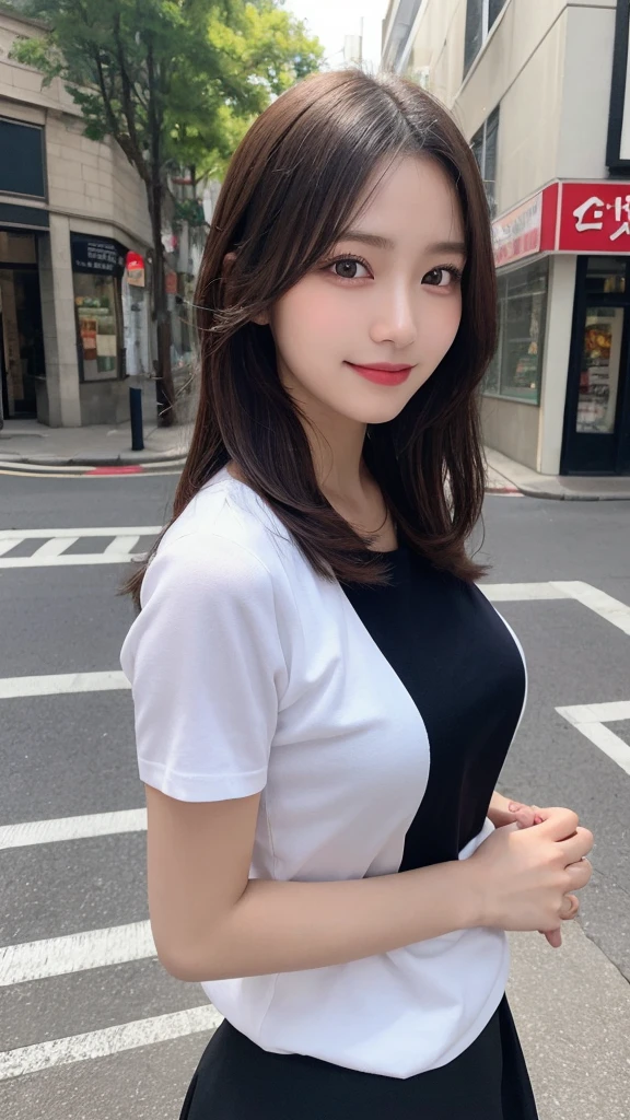 Selfie　masutepiece, Best Quality, Illustration, Ultra-detailed, finely detail, hight resolution, 8K Wallpaper, Perfect dynamic composition, Beautiful detailed eyes, doress,Medium Hair, Mid-chest, Natural color lip, Random and sexy poses,Smile,Aoyama Street Walk、20 years girl, Black palid shirt, red palid skirt、Selfie