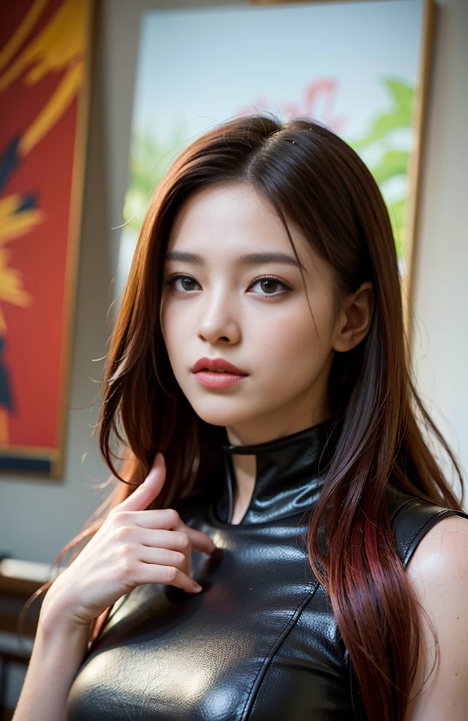 sexy model, cyberpunk style, in bikini, red theme, long hair, high contrast (Natural skin texture, Hyperrealism, Soft Light, sharp), portrait, standing, korean, (masterpiece), (painting realistic : 1.3), (ultra high resolution: 1.0 ), (((best quality, 8 thousand, masterpiece:1.4)), (perfectly beautiful woman, perfectly beautiful face, Perfectly beautiful eyes, perfectly beautiful nose, perfectly beautiful nose孔, perfectly beautiful lips)