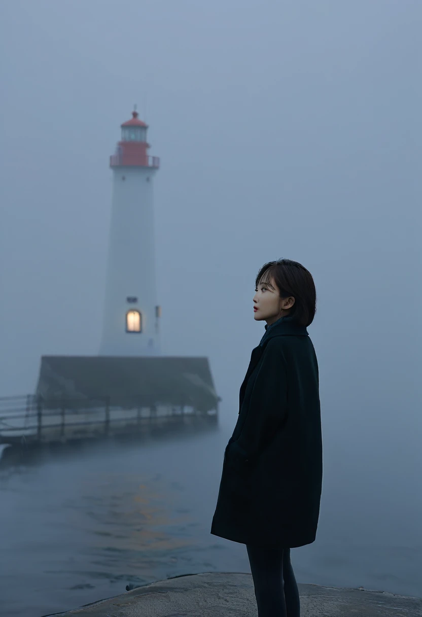 Korean woman,Short hair, black coat, cool,rain,blur,Fog,middle,cool,boring,,pier,only,lighthouse,Coast, The dim light shines in the Fog,and the figure stands in the Fog holding , Fog 때문에 모든 사물이 희미하게 보이는