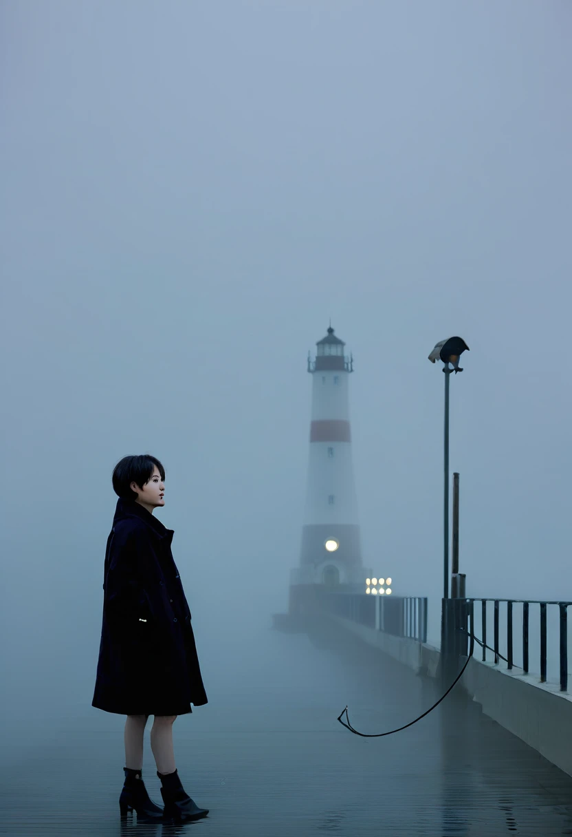 Korean woman,Short hair, black coat, cool,rain,blur,Fog,middle,cool,boring,,pier,only,lighthouse,Coast, The dim light shines in the Fog,and the figure stands in the Fog holding , Fog 때문에 모든 사물이 희미하게 보이는