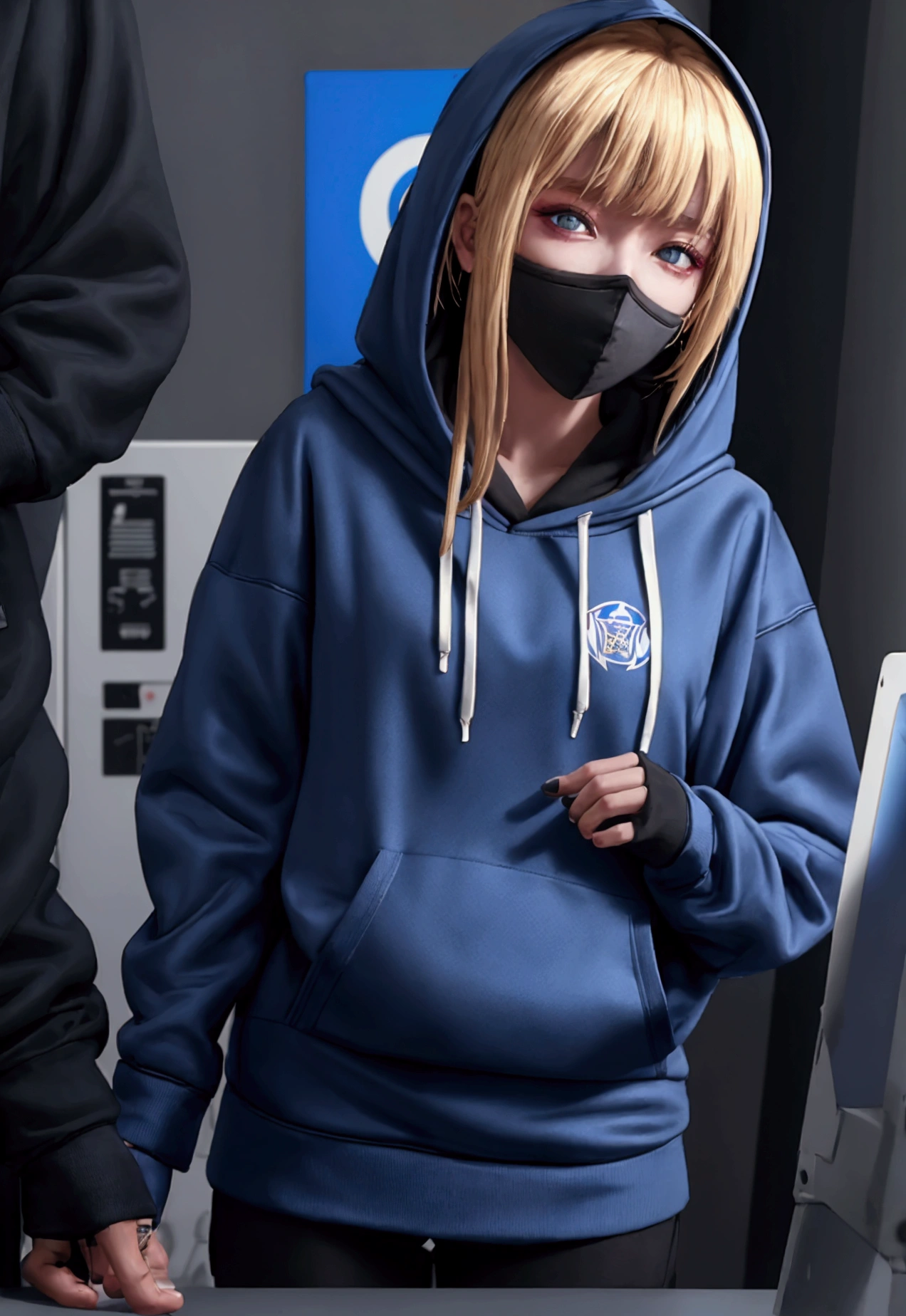ultra-detailed,highly detailed,best quality,masterpiece,illustration,
a woman wearing a face mask and a black hoodie standing in front of a, girl wearing hoodie, cyberpunk anime girl in hoodie, wearing netrunner clothing, blue hoodie, black hoodie techie, blonde haired girl wearing hoodie, cyberpunk streetwear, wearing hoodie, in a hoodie, wearing cyberpunk streetwear, cyberpunk wearing, woman in streetwear, wearing a hoodie, black hoodie, wearing a blue hoodie, hoodie, dressed black hoodie, decorative dark blue clothing, wearing cyberpunk 2 0 7 7 jacket, in a hood