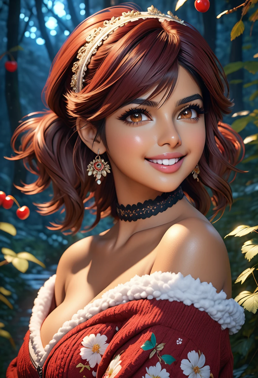 masterpiece, best quality, highly detailed, 1girl, solo, twintails, off-shoulder sweater, cherry red hair. choker, jacket, hairband, looking at viewer, smile, blush, Wide Smile, Eyes Detailed & Wide, sexy Pose. CHOCOLATE COMPLEXION, Ultra HD, Rococo-Inspired Fantasy Art With Intricate Details. Cute, Charming Expression, Alluring-Gaze, looking at viewer Beautiful Eyes, An-Ideal-Figure. Large Youthful Well-Shaped-Breasts, Massive-Round-Bosom, Décolletage. slim waist, fit body, full lipsWarm lights , woman in a dreamy forest at night, with fluffy hair, delicate face, realistic, real, slim, large aperture, sexy shots, attractive poses,Stunnin gly beautiful merge of Priyanka Chopra, symmetrical face, photorealistic, photography, path tracing, specular lighting, volumetric face light, path traced hairmaximum quality{(masutepiece) (8K High Resolution) (top-quality) In the style of breath of the wild.