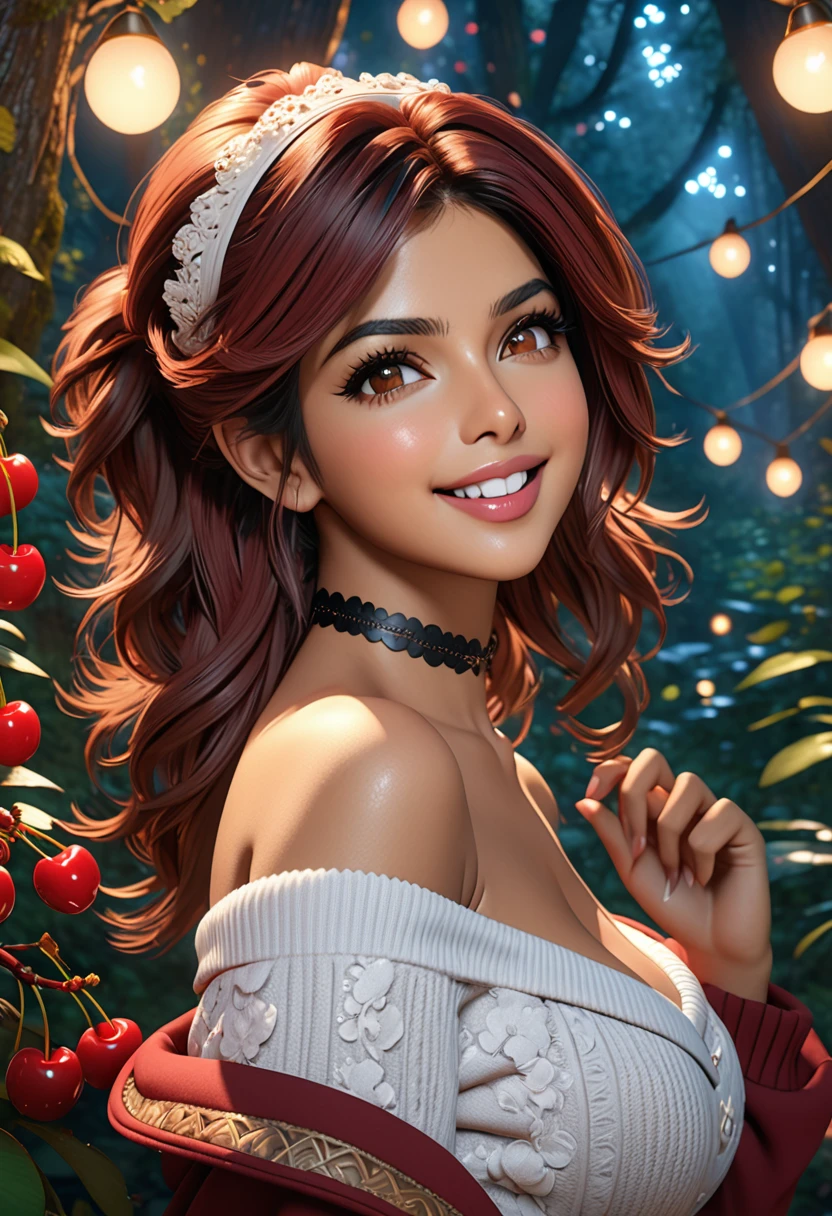 masterpiece, best quality, highly detailed, 1girl, solo, twintails, off-shoulder sweater, cherry red hair. choker, jacket, hairband, looking at viewer, smile, blush, Wide Smile, Eyes Detailed & Wide, sexy Pose. CHOCOLATE COMPLEXION, Ultra HD, Rococo-Inspired Fantasy Art With Intricate Details. Cute, Charming Expression, Alluring-Gaze, looking at viewer Beautiful Eyes, An-Ideal-Figure. Large Youthful Well-Shaped-Breasts, Massive-Round-Bosom, Décolletage. slim waist, fit body, full lipsWarm lights , woman in a dreamy forest at night, with fluffy hair, delicate face, realistic, real, slim, large aperture, sexy shots, attractive poses,Stunnin gly beautiful merge of Priyanka Chopra, symmetrical face, photorealistic, photography, path tracing, specular lighting, volumetric face light, path traced hairmaximum quality{(masutepiece) (8K High Resolution) (top-quality) In the style of breath of the wild.