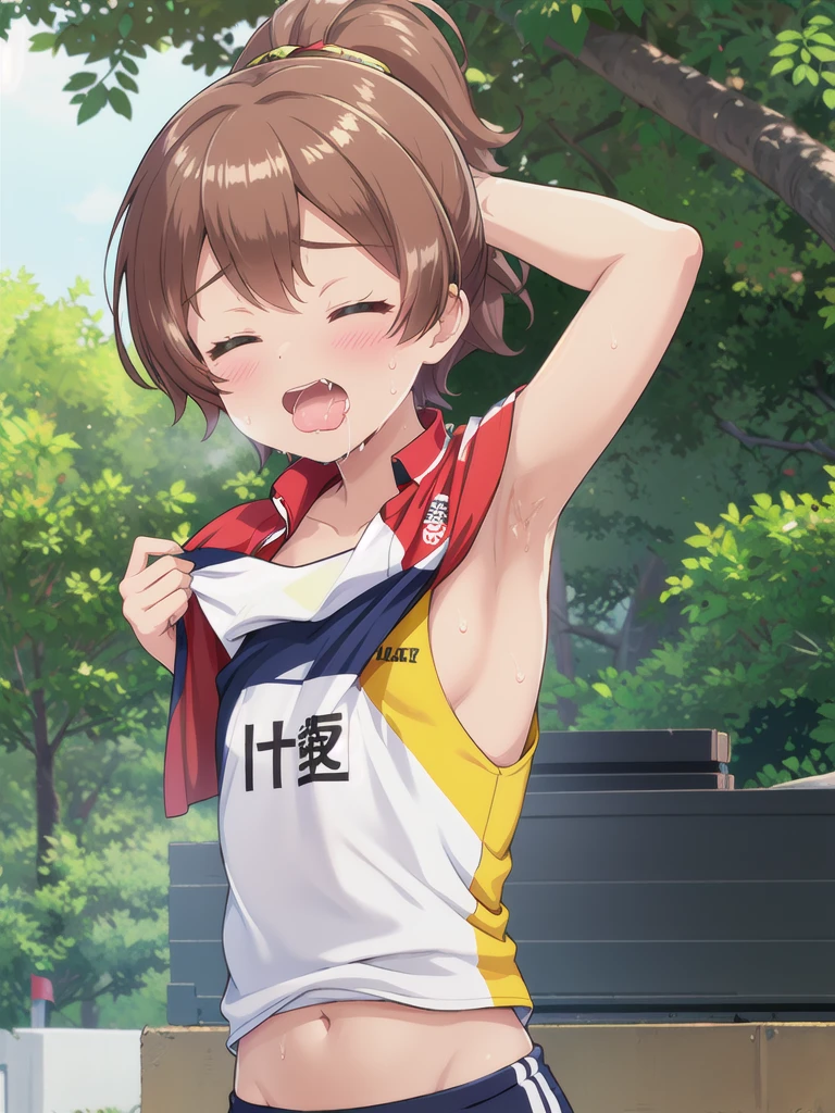 1girl,Outdoor,marathon,running,Close ~ eyes,orgasm,Dripping saliva,in heat,Track and field uniforms,Brown Hair, short hair, ponytail,Flat Chest,steam,upper body,undressing,bare breast,Cleavage,Sweating profusely