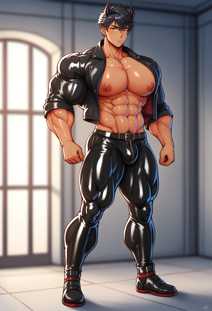 absurdres, highres, ultra detailed, HDR, masterpiece, Ren Zotto, vtuber, black hair, expressive red eyes, demon, black horns, 1man, handsome, black leather jacket, inside a dungeon, cave. A (Young face) 15 year old teen (15 yearsttractive boy, standing, full body. Mexican ethnicity. tanned skin, short hair bangs that fall on both sides of his youthful face. carefree expression, young man, alone, marked muscles, beautiful musculature, aesthetic stretch marks, inspiring physique, slender muscles, square pecs, beautiful V-cone, excellent abs and torso, chiseled abs, pectorals chiseled, perfect massive muscles, inflated muscles, voluminous pectorals, massive muscular body, a huge gigantic chest with a narrow waist, huge shoulders, ridiculously well-shaped large pecs, eight chiseled abs, (very toned and huge) with his military haircut and voluminous neck, narrow waist, golden eyes, young face, beautiful, young. Teen muscular young builder with extraordinary and firm back, chiseled muscles, rhomboid muscles, latissimus dorsi. Gigachad. He wears a leather jacket (JACKET) that reaches the height of his ribs and is open. (Bare torso) and tight black leather pants, bulge chest, he does not use a belt. He is shirtless under his jacket, which highlights his prominent abs and pectorals. He doesn't wear a belt. His muscles stand out. Ruins of greek temple background. Standing, full body. (((black latex pants))) (((Exposed muscular torso. Open jacket.)))