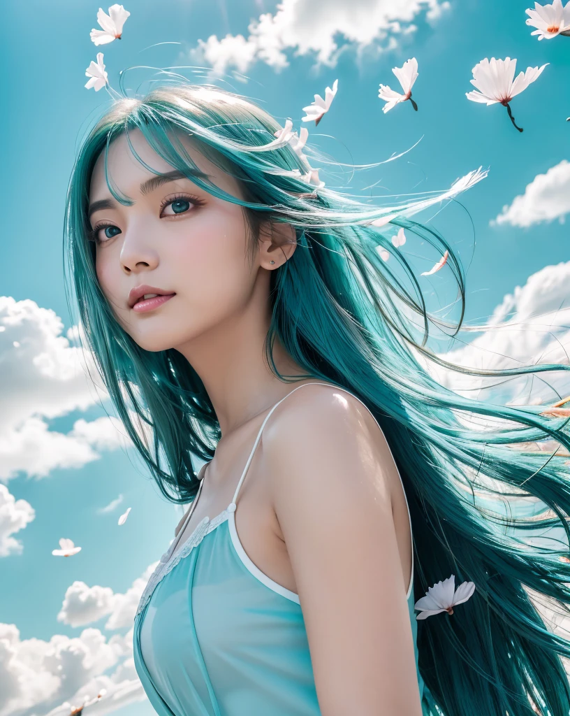 (Highest quality, 32k, High resolution, Masterpiece:1.5, ), marimo_jet, god々A photograph with brilliant dazzling and healing power., Evoking a sense of calm and elusive beauty, Expressing emotions, Have a rich imagination, Beautiful Japanese Girls, ((Low - Angle:1.4)), An exceptionally beautiful face, Small Face Beauty, Perfect Human Anatomy, Magical big eyes, Motherhood and generosity, Deep Love, fleeting smile, ((Shiny turquoise hair:1.4)), Super long straight silk hair swaying in the wind, Asymmetrical bangs, Hair between the eyes, Transparent, soft white skin, Sharp eyebrows, Thin lashes, Natural Makeup, Cheek highlighter, Lips with fine detail, (White see-through camisole:1.4), High resolutionの完璧な鎖骨, High resolutionの美しい胸元, Slim figure with ample breasts, High resolutionの美しい太もも, ((Beautifully detailed skies:1.2)), ((Vibrant petal effect:1.3)), Professional photographer, Professional Lighting, Professional models, god秘的