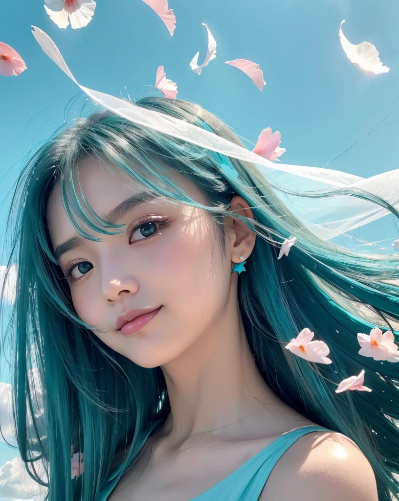 (Highest quality, 32k, High resolution, Masterpiece:1.5, ), marimo_jet, god々A photograph with brilliant dazzling and healing power., Evoking a sense of calm and elusive beauty, Expressing emotions, Have a rich imagination, Beautiful Japanese Girls, ((Low - Angle:1.4)), An exceptionally beautiful face, Small Face Beauty, Perfect Human Anatomy, Magical big eyes, Motherhood and generosity, Deep Love, fleeting smile, ((Shiny turquoise hair:1.4)), Super long straight silk hair swaying in the wind, Asymmetrical bangs, Hair between the eyes, Transparent, soft white skin, Sharp eyebrows, Thin lashes, Natural Makeup, Cheek highlighter, Lips with fine detail, (White see-through camisole:1.4), High resolutionの完璧な鎖骨, High resolutionの美しい胸元, Slim figure with ample breasts, High resolutionの美しい太もも, ((Beautifully detailed skies:1.2)), ((Vibrant petal effect:1.3)), Professional photographer, Professional Lighting, Professional models, god秘的