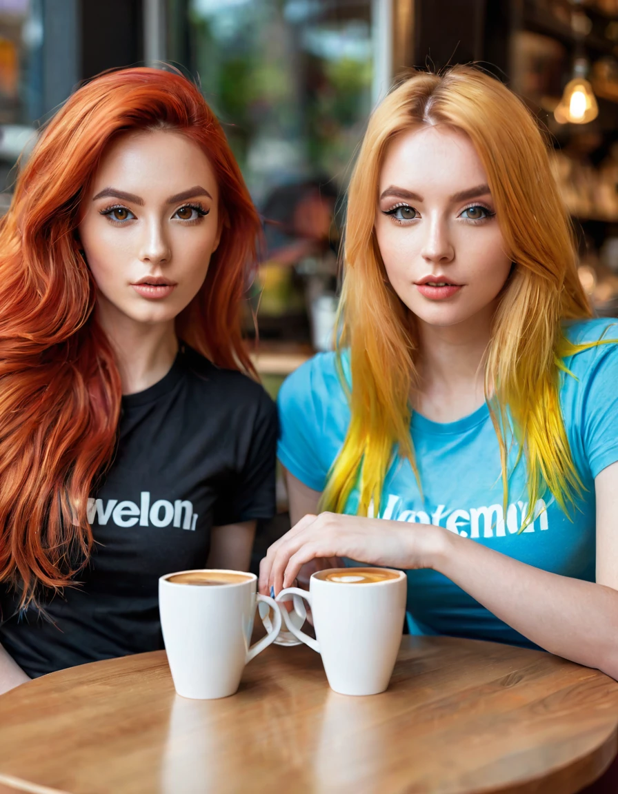 ultra realistic, photography, two women, one girl with long red hair, girl, 24 years old, hourglass figure, perfect body, Flirty look, extremely detailed artgerm, in the style artgerm, small breasts, facing the camera, Nikon z fx, lens 35 mm, blur background, the other girl has blonde long hair, they are sitting at a table in a coffee shop. tweo coffee cups are on the table, they are both wearing colourful t-shirts
