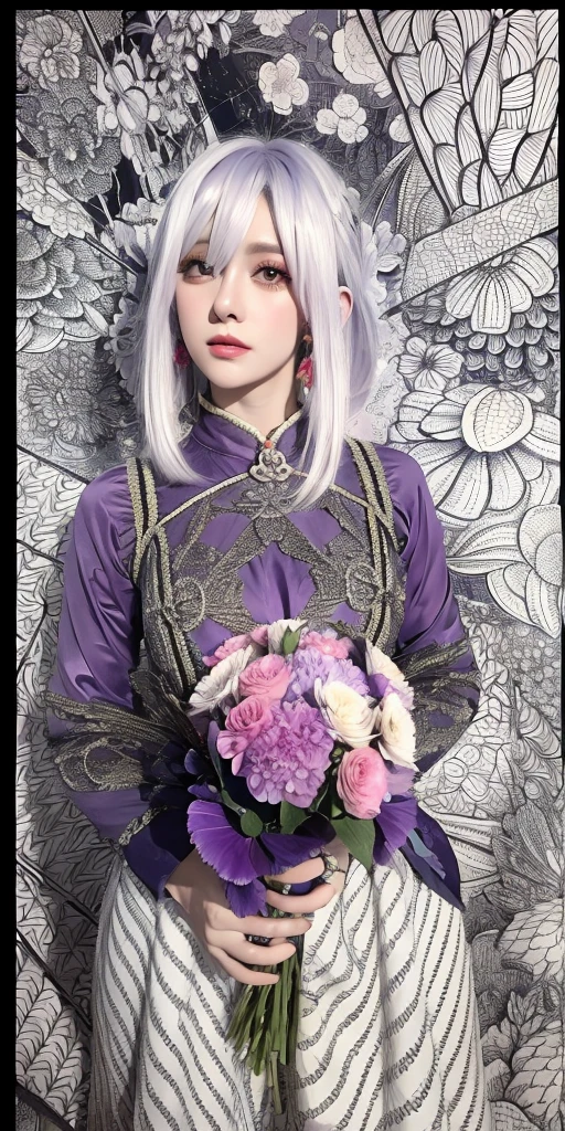 (ultra-detailed background, detailed background), absurdres, highres, ultra detailed, extremly detailed, 1girl, shenhe, genshin impact, striped white hair, purple eyes, (bunch of flowers:1.3), (zentangle:1.2), (geometric:1.2),(colorful),