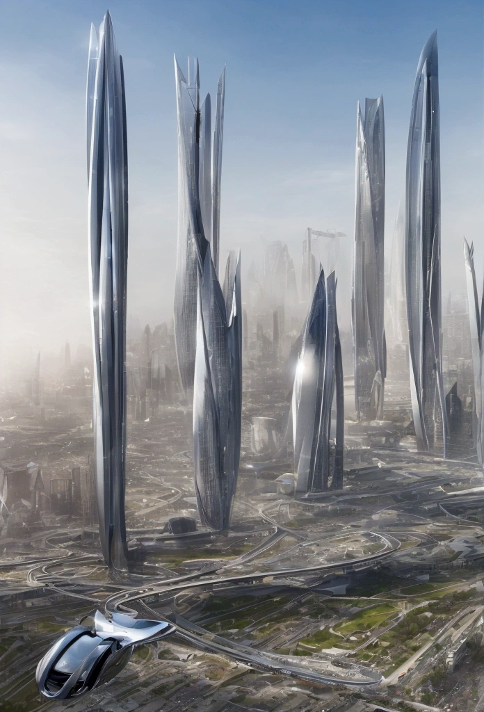 Futuristic gondolas over two high-rise towers in a big city