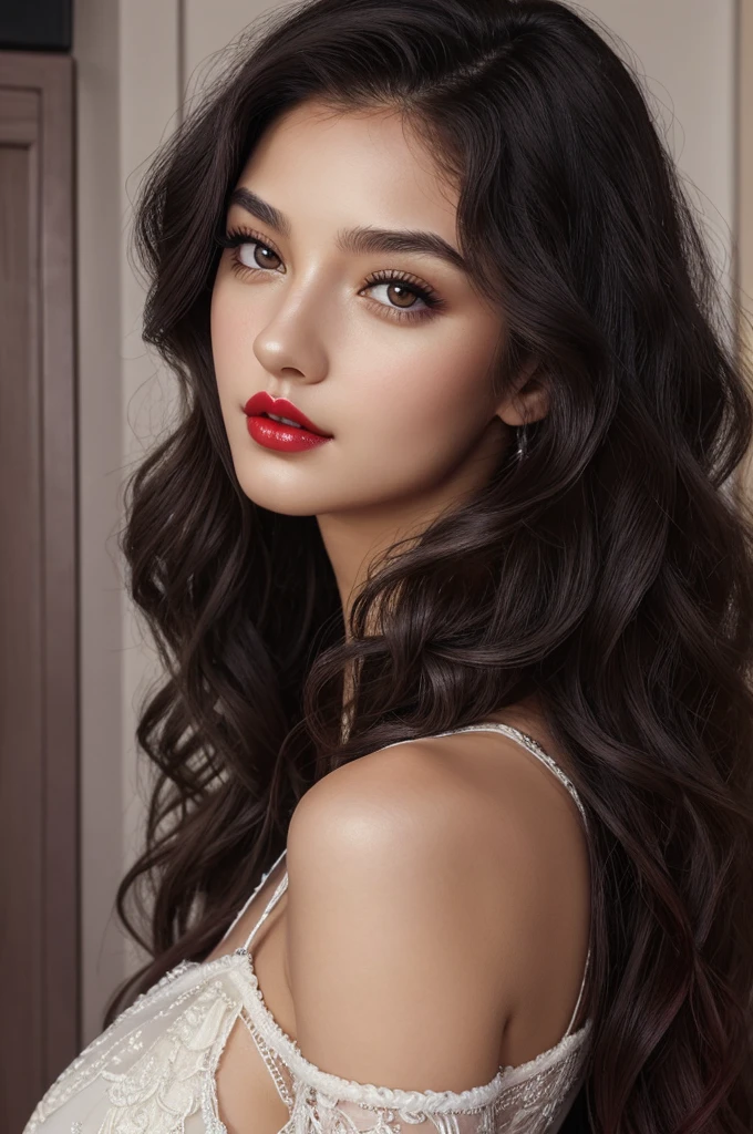 ((best quality)), ((masterpiece)), (detailed), perfect face
-A girl with a long black curly hair, Grey eyes, Siren eyes, High nose bridge, plum natural red lips, Fair skim