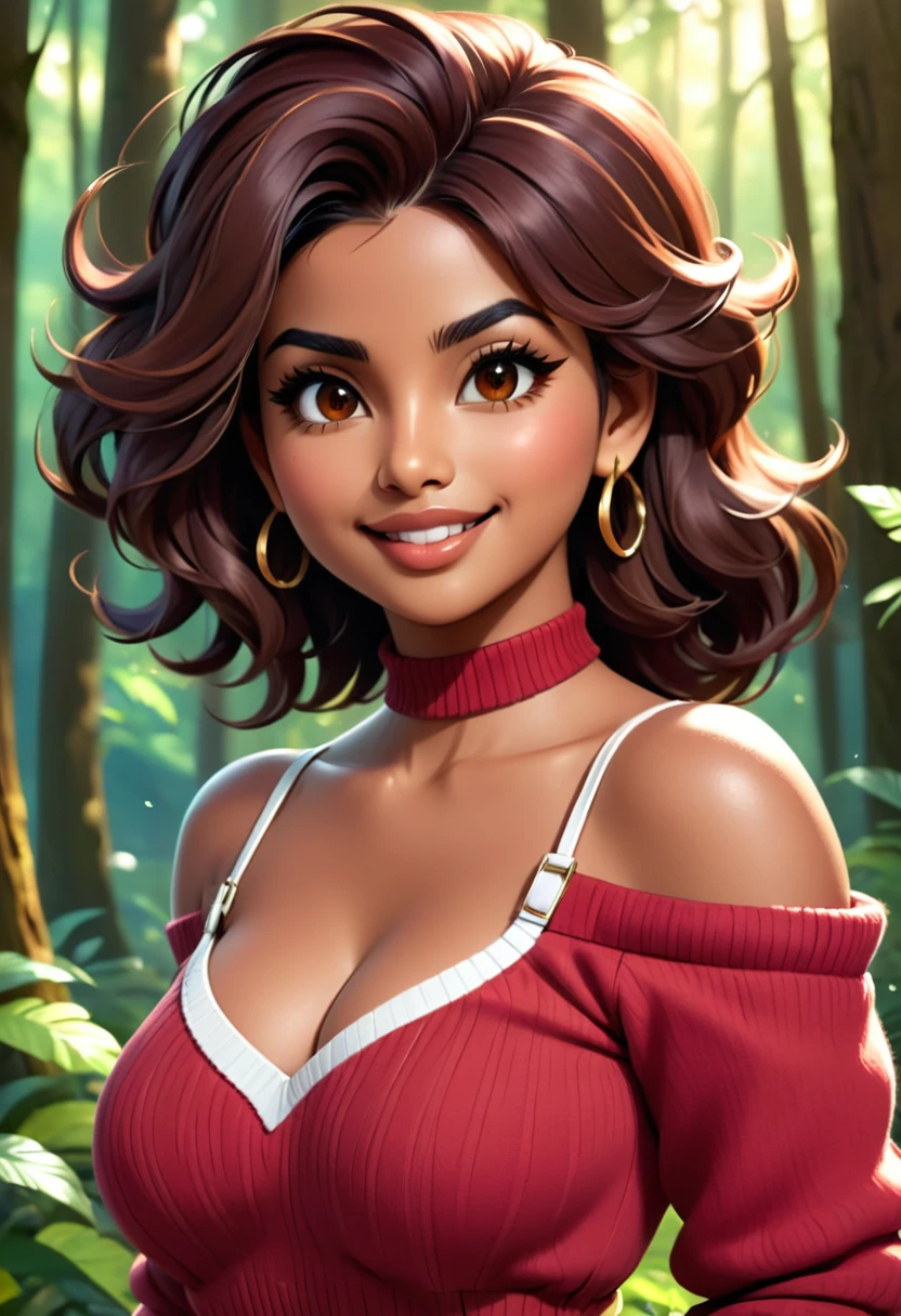 masterpiece, best quality, highly detailed, 1girl, solo, twintails, off-shoulder sweater, cherry red hair. choker, jacket, hairband, looking at viewer, smile, blush, Wide Smile, Eyes Detailed & Wide, sexy Pose. CHOCOLATE COMPLEXION, Ultra HD, Rococo-Inspired Fantasy Art With Intricate Details. Cute, Charming Expression, Alluring-Gaze, looking at viewer Beautiful Eyes, An-Ideal-Figure. Large Youthful Well-Shaped-Breasts, Massive-Round-Bosom, Décolletage. slim waist, fit body, full lipsWarm lights , woman in a dreamy forest at night, with fluffy hair, delicate face, realistic, real, slim, large aperture, sexy shots, attractive poses,Stunnin gly beautiful merge of Priyanka Chopra, symmetrical face, photorealistic, photography, path tracing, specular lighting, volumetric face light, path traced hairmaximum quality{(masutepiece) (8K High Resolution) (top-quality) In the style of breath of the wild.