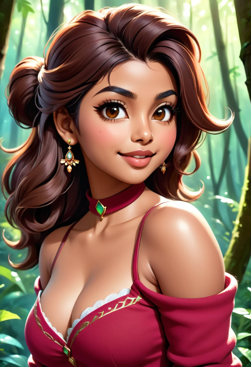 masterpiece, best quality, highly detailed, 1girl, solo, twintails, off-shoulder sweater, cherry red hair. choker, jacket, hairband, looking at viewer, smile, blush, Wide Smile, Eyes Detailed & Wide, sexy Pose. CHOCOLATE COMPLEXION, Ultra HD, Rococo-Inspired Fantasy Art With Intricate Details. Cute, Charming Expression, Alluring-Gaze, looking at viewer Beautiful Eyes, An-Ideal-Figure. Large Youthful Well-Shaped-Breasts, Massive-Round-Bosom, Décolletage. slim waist, fit body, full lipsWarm lights , woman in a dreamy forest at night, with fluffy hair, delicate face, realistic, real, slim, large aperture, sexy shots, attractive poses,Stunnin gly beautiful merge of Priyanka Chopra, symmetrical face, photorealistic, photography, path tracing, specular lighting, volumetric face light, path traced hairmaximum quality{(masutepiece) (8K High Resolution) (top-quality) In the style of breath of the wild.