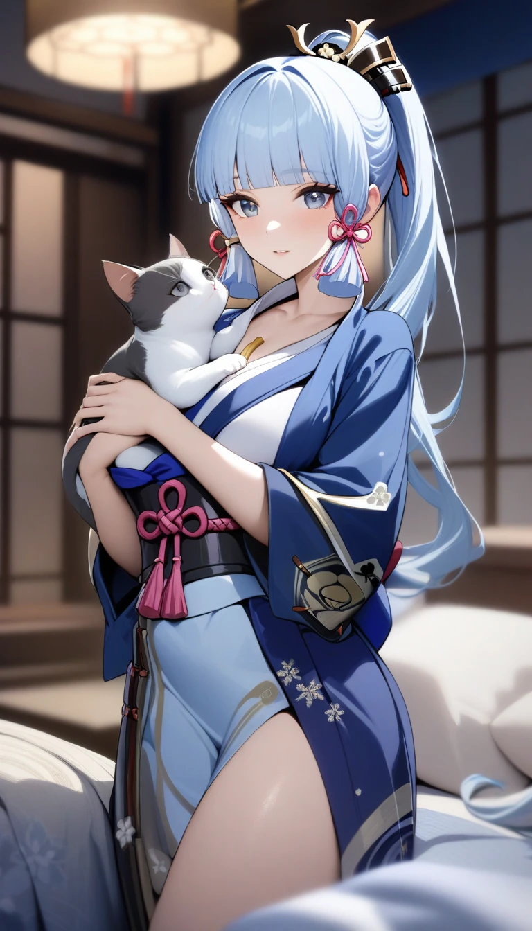 masterpiece, best quality, very aesthetic, absurdres, 1girl, mature_lady, hold a cat,1cat,,Kamisato Ayaka,Kamisato Ayaka(genshin impact), light blue hair, blunt bangs, a small gold ornament, grey eyes, ponytail , blue Japanese clothes, obi,in bedroom,blur background,background defocus