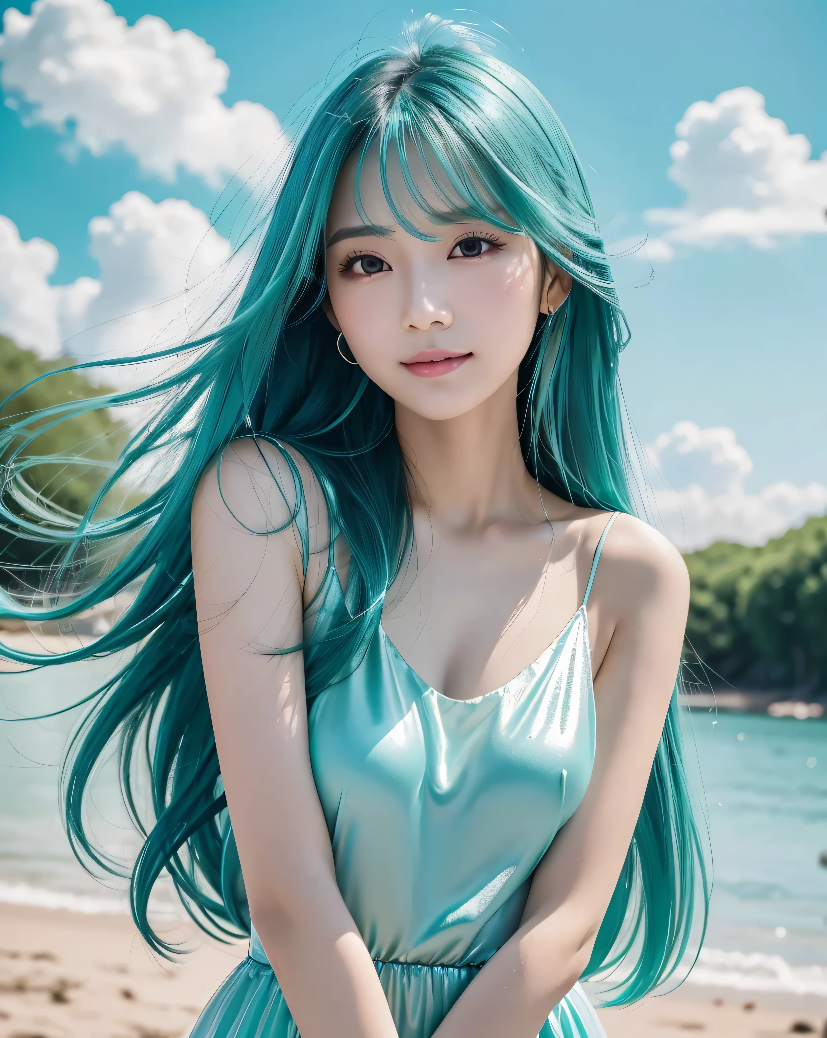 (Highest quality, 32k, High resolution, Masterpiece:1.5, ), marimo_jet, god々A photograph with brilliant dazzling and healing power., Evoking a sense of calm and elusive beauty, Expressing emotions, Have a rich imagination, Beautiful Japanese Girls, ((whole body:1.3)), An exceptionally beautiful face, Small Face Beauty, Perfect Human Anatomy, Magical big eyes, Motherhood and generosity, Deep Love, fleeting smile, ((Shiny turquoise hair:1.4)), Super long straight silk hair swaying in the wind, Asymmetrical bangs, Hair between the eyes, Transparent, soft white skin, Sharp eyebrows, Thin lashes, Natural Makeup, Cheek highlighter, Lips with fine detail, (White see-through camisole:1.4), High resolution perfect collarbone, High resolution beautiful bust, Slim figure with ample breasts, High resolutionの美しい太もも, ((Beautifully detailed skies:1.2)), ((Vibrant petal effect:1.3)), Professional photographer, Professional Lighting, Professional models, God's Secret