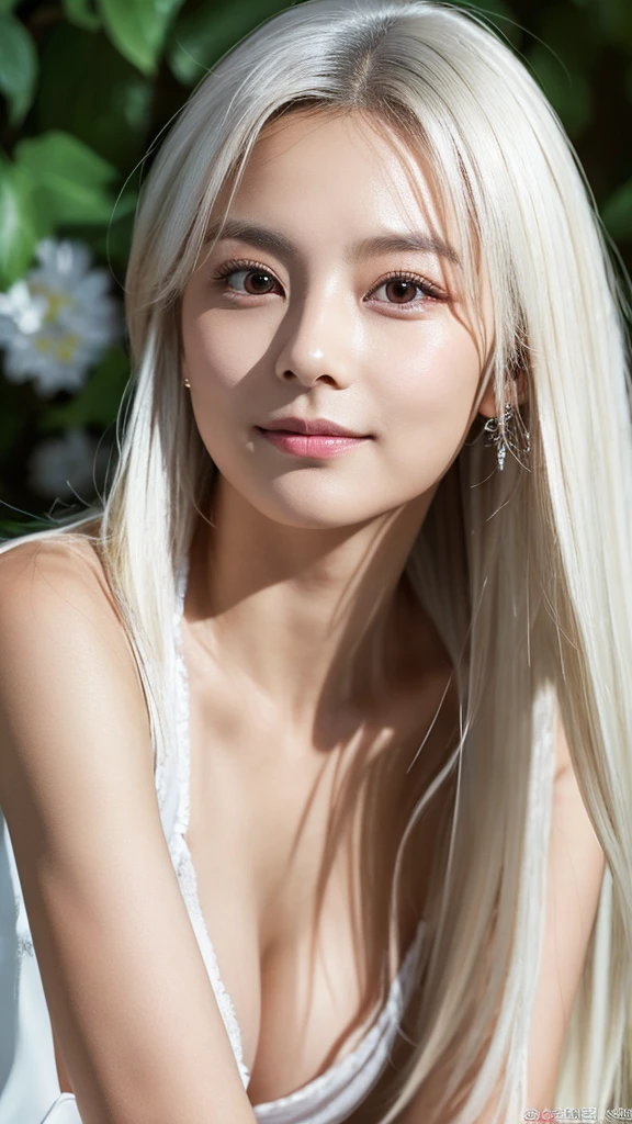 TWICE tzuyu, Korean beauty, silvery white hair, long hair, small face, fair skin, narrow eyes, slanted eyes, slender, big breasts, sex appeal, lustrous, mature