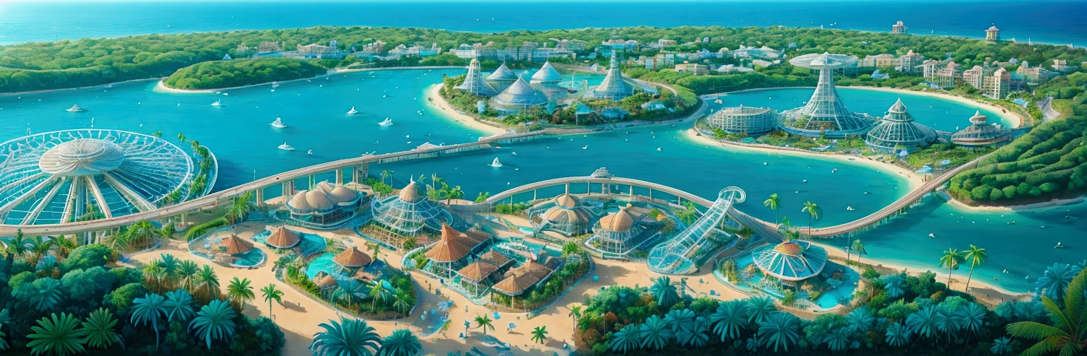 island theme park, (park area and residential area and nature), enjoying the view, happy ,ferris wheel, roller coaster, palm trees, beach, fun and relaxing, wide angle lens, high contrast, vibrant colors, from above, SEA, FOREST