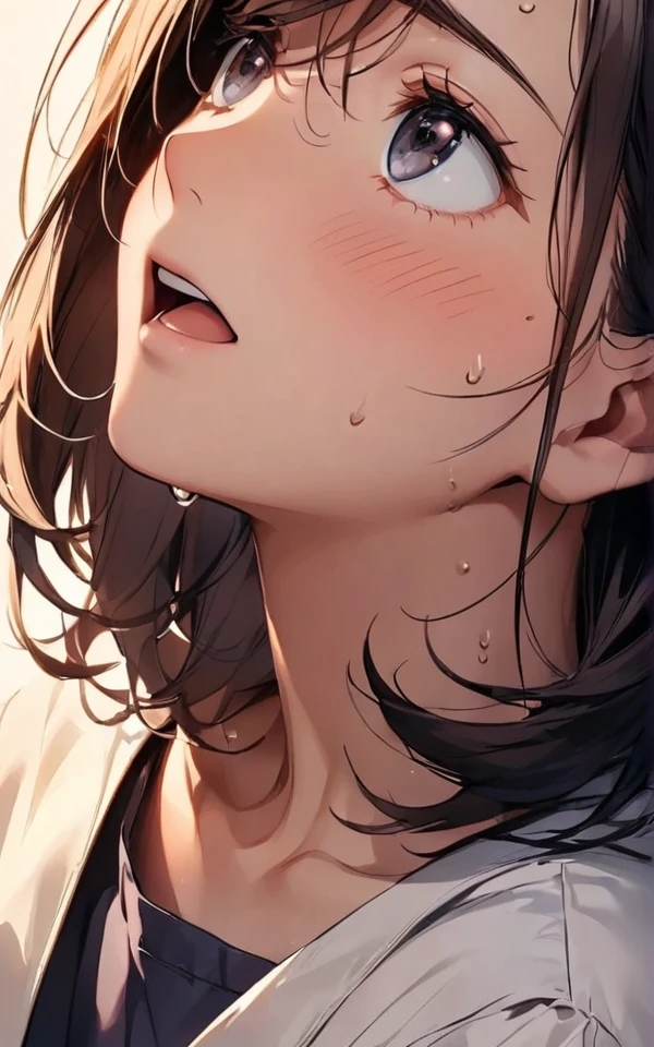 close-up, face, open mouth, looking up, medium hair, sitting, simple background,Blushing, sweating,