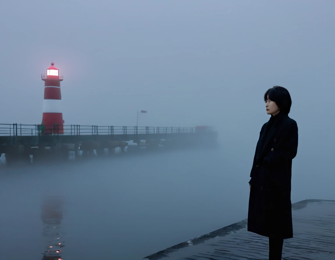 Korean woman,Short hair, black coat, cool,rain,blur,Fog,middle,cool,boring,,pier,only,lighthouse,Coast, The dim light shines in the Fog,and the figure stands in the Fog holding , Fog 때문에 모든 사물이 희미하게 보이는