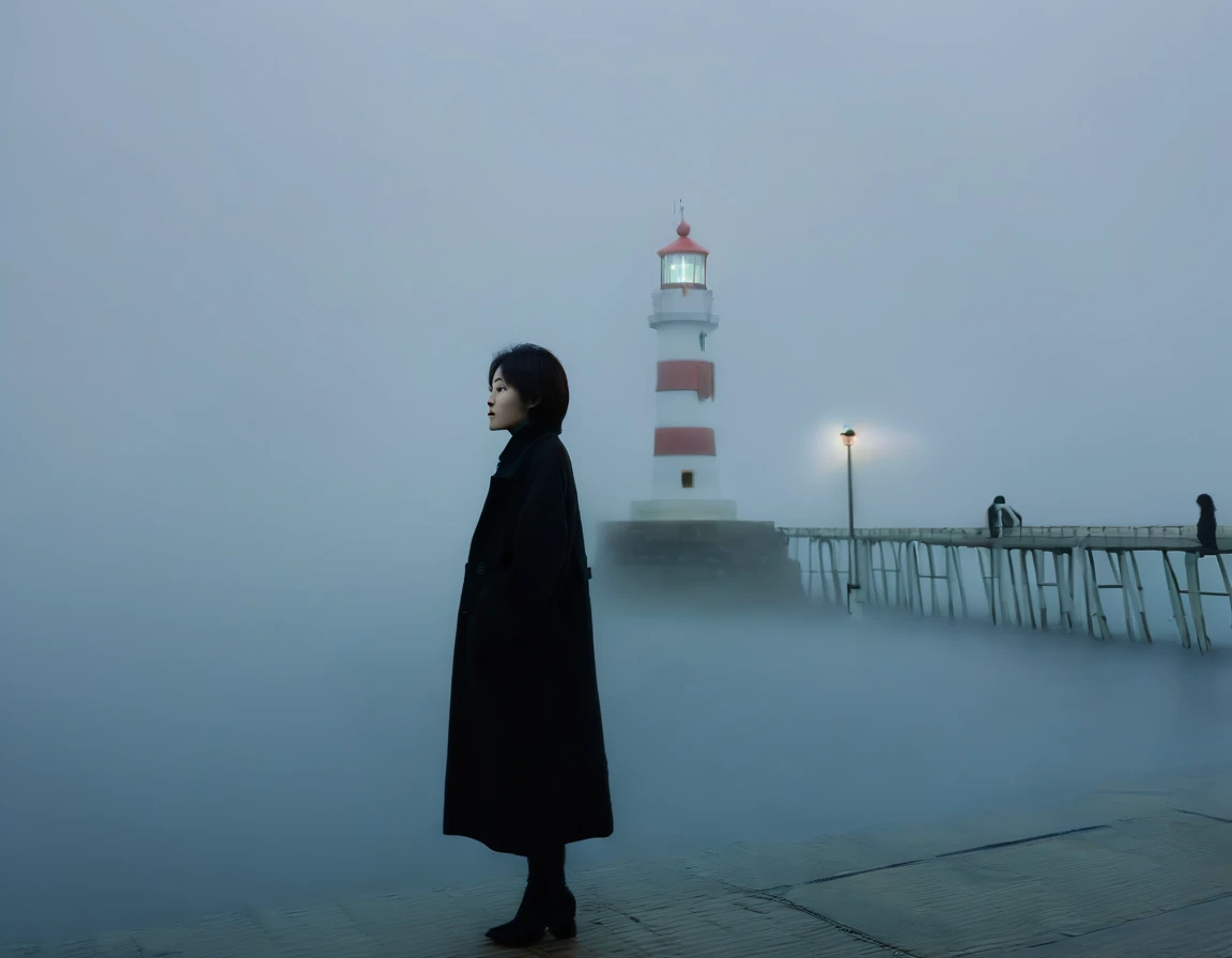 Korean woman,Short hair, black coat, cool,rain,blur,Fog,middle,cool,boring,,pier,only,lighthouse,Coast, The dim light shines in the Fog,and the figure stands in the Fog holding , Fog 때문에 모든 사물이 희미하게 보이는