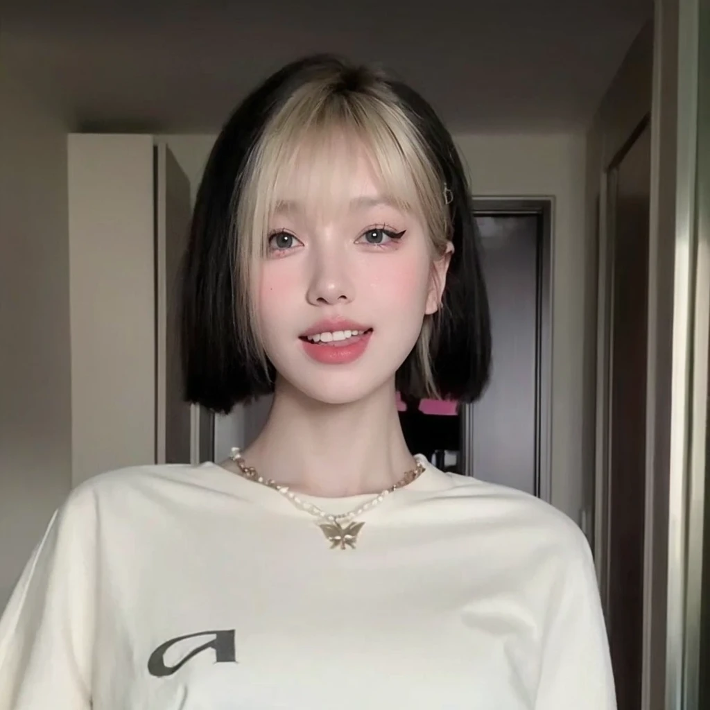 Blonde bangs short hair,Natural and beautiful hair,The background is simple and clean,
