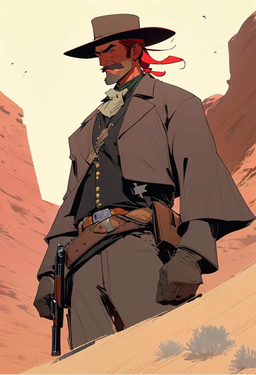 score_9, score_8_up, score_7_up, score_6_up, score_5_up, score_4_up, 1man, Western, Desert, Dark night, Horizon, far away, Wild West, red dead Redemption, cartoon art style, Red hair with two strands popping out at the front, Hair bun, Thick mustache, solo, male, Revolver, Gunslinger, cowboy hat, Rude, Masculinity, honor, Fearless look