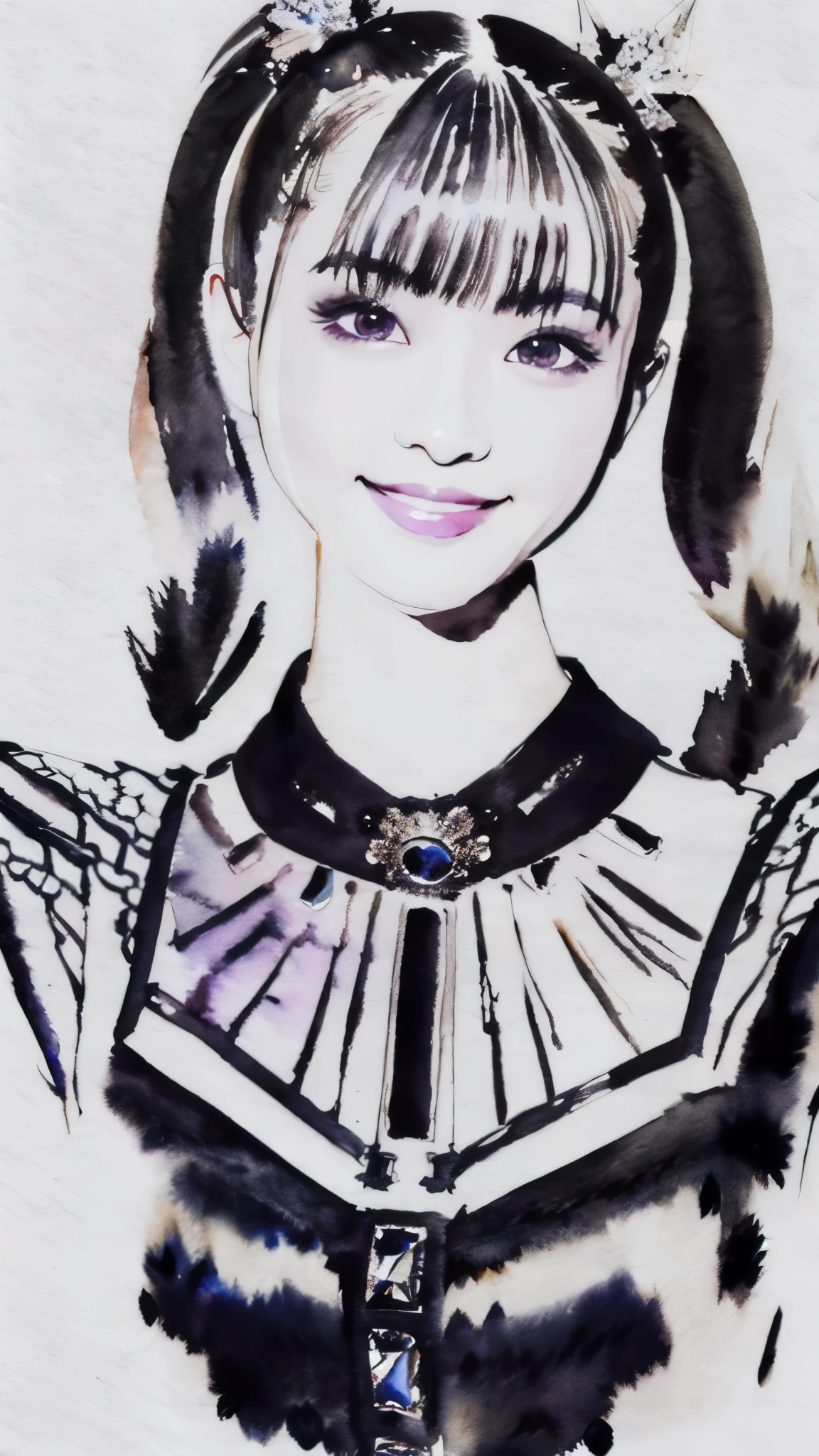 (masterpiece:1.2),(Highest quality),(Very detailed),(High resolution),8K,wallpaper,((Watercolor)),Photo of a woman in a black dress by Babymetal,((moakiku:1.3)),Full body portrait,Very beautiful face,(Detailed skin texture:1.3),(Beautiful portrait:1.2),A lovely and delicate face,Beautiful young Japanese woman,front,(Flashy makeup),(smile)