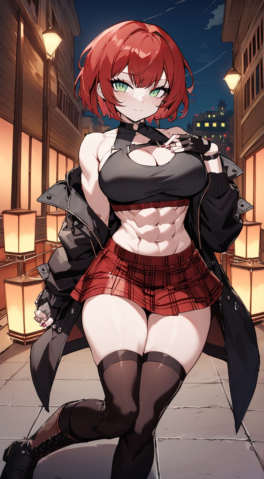 woman, curly red pixie cut hair, green eyes, wearing crop top black shirt, long black jacket, red plaid skirt, (black knee high boots), black fingerless gloves, exposed shoulders, large breasts, freckles, cleavage, abs, looking at viewer, masterpiece, best quality, Holo-Punk Style