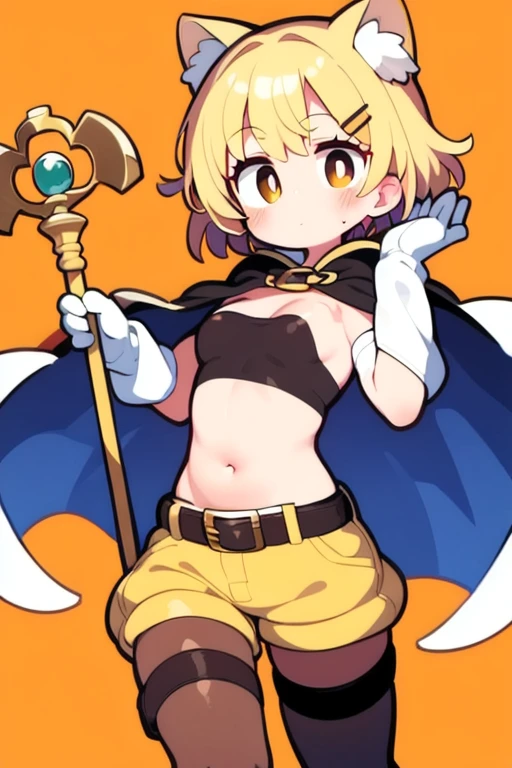 blonde hair, short hair, brown eyes, hair ornament, small_, crop top, long sleeves, (covered navel), (brown bodystocking), bodysuit, cape, yellow gloves, belt, white shorts, white boots, jewelry, holding staff,