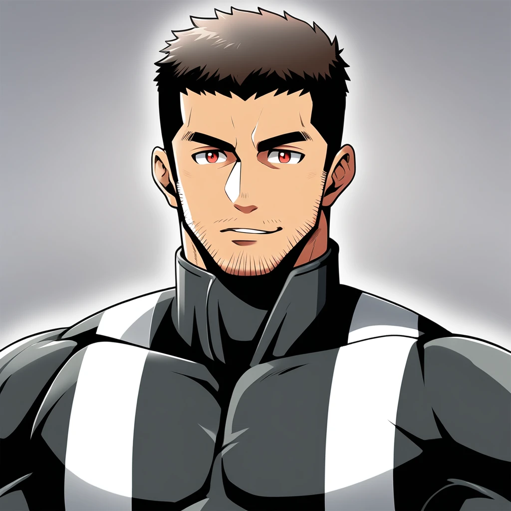 anime characters：Chris Redfield, Muscle Sports Student, Manliness, male focus, Dark Black high collar long sleeve bodysuit, Slightly transparent material, Very tight, Round, full and perky chest muscles, Slightly transparent, muscular male, muscular, only, Upper body, alone, Black short hair, Thick eyebrows, stubble, Brown-red pupils, Grey background, simple background, amazing quality, best aesthetics, Ridiculous, crew cut, parted lips, torogao, naughty face, best quality