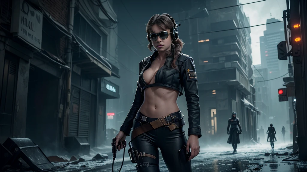 At night, dark sky, gorgeous Woman, (walks with a stray dog In a frozen cyberpunk city in ruins), 1drone. Heavy tropical rain, Head slightly tilted back, leather bikini, Distorted Space, Light Shafts, Volumetric Lighting, 4k Rendering, Stock Photo, Realistic Textures, Dramatic Lighting, Unreal Engine. Electric lighting. Windy messy hair. (((((1girl, solo, alone))))), medium-breast:1.1 slim body, cleavage, (((headphone, black sunglasses))), (((hip-up standing and holding (pistol)))), (((half-body thigh level medium shot))), cinematic lighting, lens flare, ray tracing.