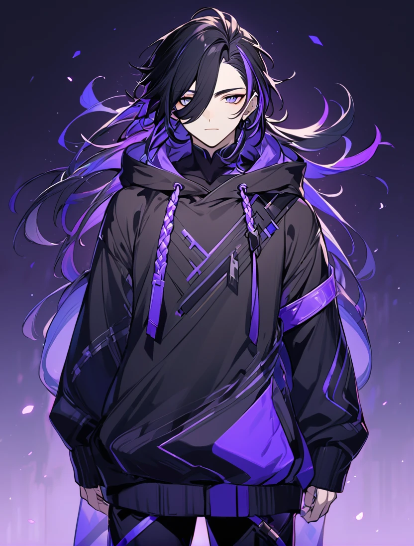 A stunning animie male with Black hair. His eyes are practically covered with his hair. His eyes are two diffrent colors, one blue, one purple. He has a black hoodie on and a black mask.