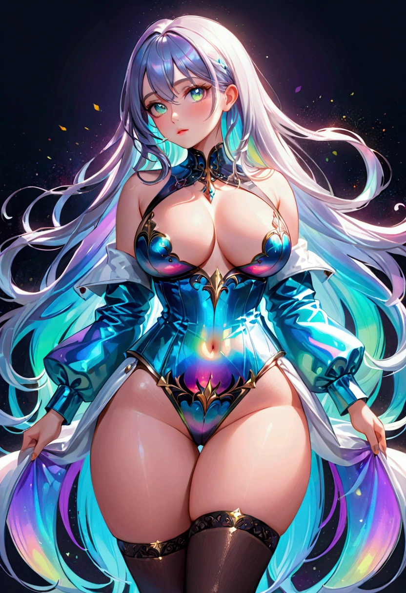 Create a character description for a girl with long, dark, iridescent hair, captivating iridescent eyes, a yet curvaceous figure with a small waist and large thighs, dressed in modern fashion.