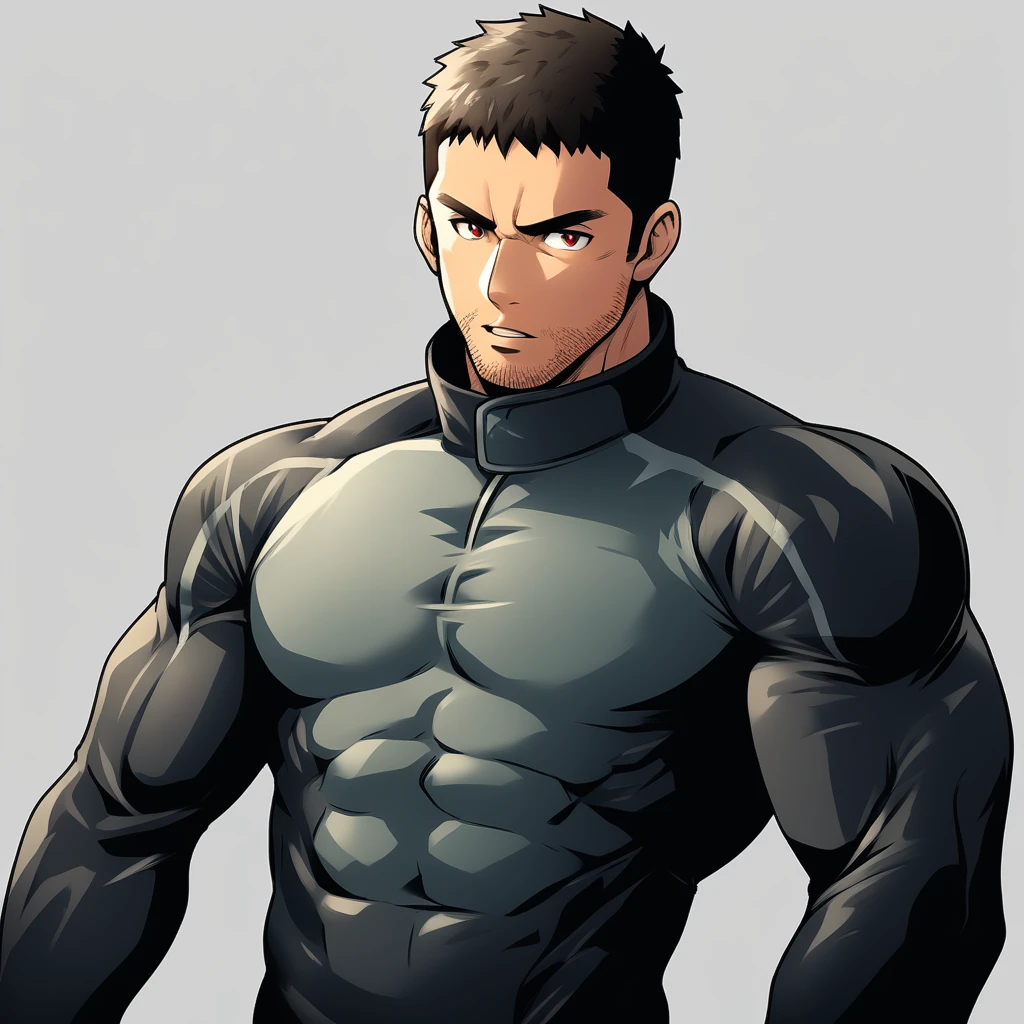 anime characters:Chris Redfield, Muscle Sports Student, Manliness, male focus, Dark Balck high collar long sleeve bodysuit, Slightly transparent material, Very tight, Round, full and perky chest muscles, Slightly transparent, muscular male, muscular, only, Upper body, alone, Black short hair, Thick eyebrows, stubble, Brown-red pupils, Grey background, simple background, amazing quality, best aesthetics, Ridiculous, crew cut, parted lips, v-shaped eyebrows, jitome, best quality