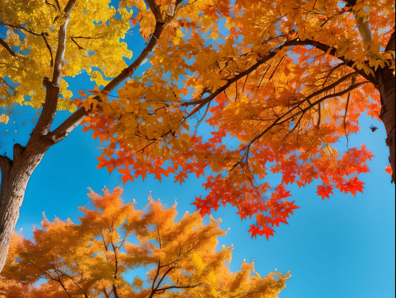 Amidst a backdrop of crisp autumn leaves, a solitary red maple tree stands ablaze with vibrant hues, its branches reaching out like fiery fingers against the cool blue sky. This captivating painting captures the essence of fall with its rich colors and dynamic composition. Every leaf seems to burst with life, creating a scene that is both nostalgic and invigorating. The level of detail is remarkable, showcasing the artist's skill and attention to the beauty of nature. This image exudes a sense of warmth and tranquility, making it a truly stunning masterpiece that evokes the magic of the autumn season.