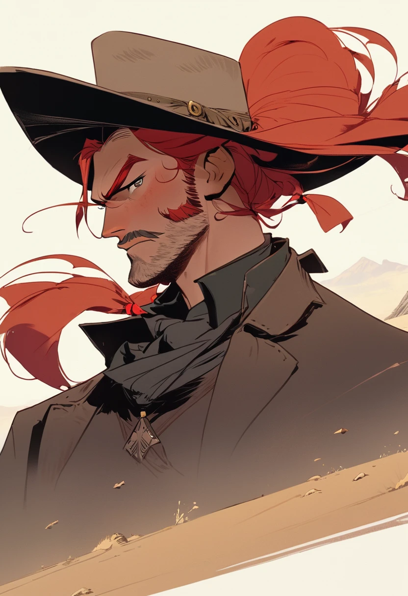 score_9, score_8_up, score_7_up, score_6_up, score_5_up, score_4_up, 1man, Western, Desert, Dark night, Horizon, far away, Wild West, red dead Redemption, cartoon art style, Red hair with two strands popping out at the front, Hair bun, Thick mustache, solo, Revolver, Gunslinger, cowboy hat, Rude