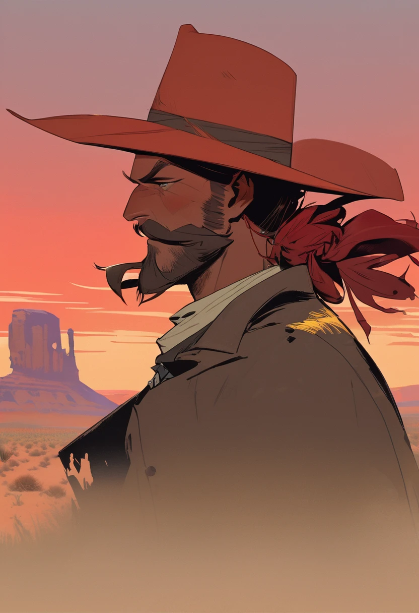 score_9, score_8_up, score_7_up, score_6_up, score_5_up, score_4_up, 1man, Western, Desert, Dark night, Horizon, far away, Wild West, red dead Redemption, cartoon art style, Red hair with two strands popping out at the front, Hair bun, Thick mustache, solo, Revolver, Gunslinger, cowboy hat, Rude