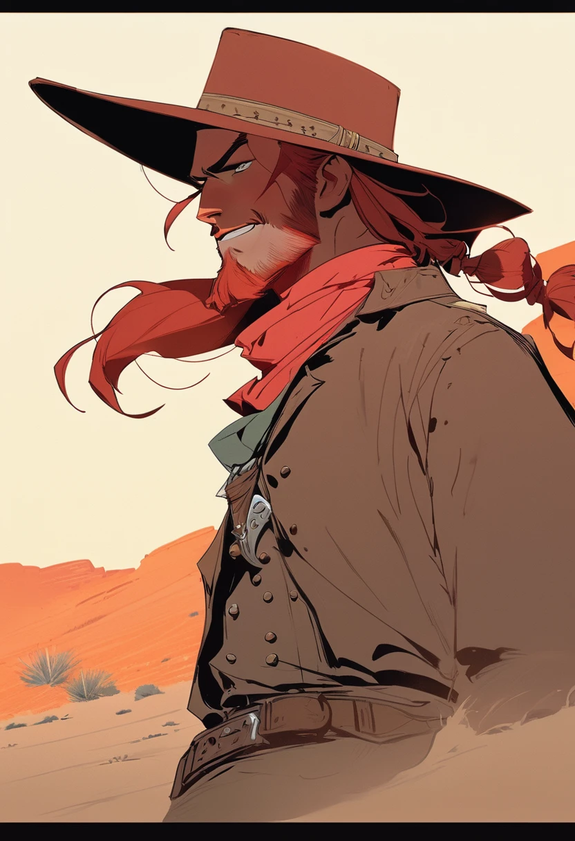 score_9, score_8_up, score_7_up, score_6_up, score_5_up, score_4_up, 1man, Western, Desert, Dark night, Horizon, far away, Wild West, red dead Redemption, cartoon art style, Red hair with two strands popping out at the front, Hair bun, Thick mustache, solo, Revolver, Gunslinger, cowboy hat, Rude