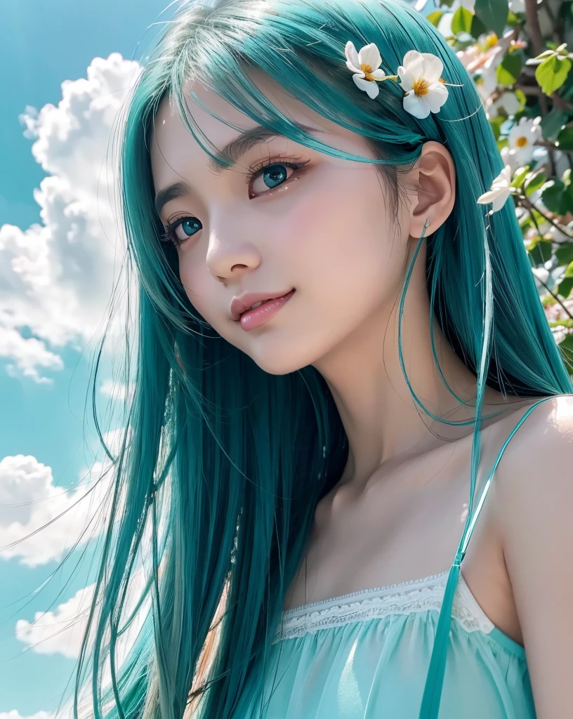 (Highest quality, 32k, High resolution, Masterpiece:1.5, ), marimo_jet, god々A photograph with brilliant dazzling and healing power., Evoking a sense of calm and elusive beauty, Expressing emotions, Have a rich imagination, Beautiful Japanese Girls, ((Low - Angle:1.4)), An exceptionally beautiful face, Small Face Beauty, Perfect Human Anatomy, Magical big eyes, Motherhood and generosity, Deep Love, fleeting smile, ((Shiny turquoise hair:1.4)), Super long straight silk hair swaying in the wind, Asymmetrical bangs, Hair between the eyes, Transparent, soft white skin, Sharp eyebrows, Thin lashes, Natural Makeup, Cheek highlighter, Lips with fine detail, (White see-through camisole:1.4), High resolutionの完璧な鎖骨, High resolutionの美しい胸元, Slim figure with ample breasts, High resolutionの美しい太もも, ((Beautifully detailed skies:1.2)), ((Vibrant petal effect:1.3)), Professional photographer, Professional Lighting, Professional models, god秘的