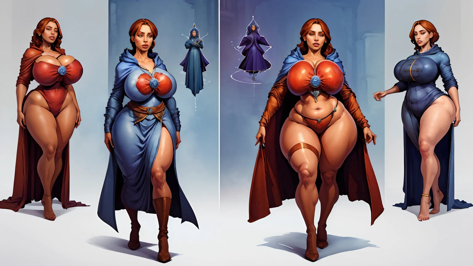 ((masterpiece,best quality)),((character design sheet)),((full body view)),((huge breast)),((curvy body)),2girls, mature womans curse priestess, blue cloak, head bowing, curse aura, skindention, light cloth, dinamic pose, watercolour, red skin, demoness , whispering sins, simple background,