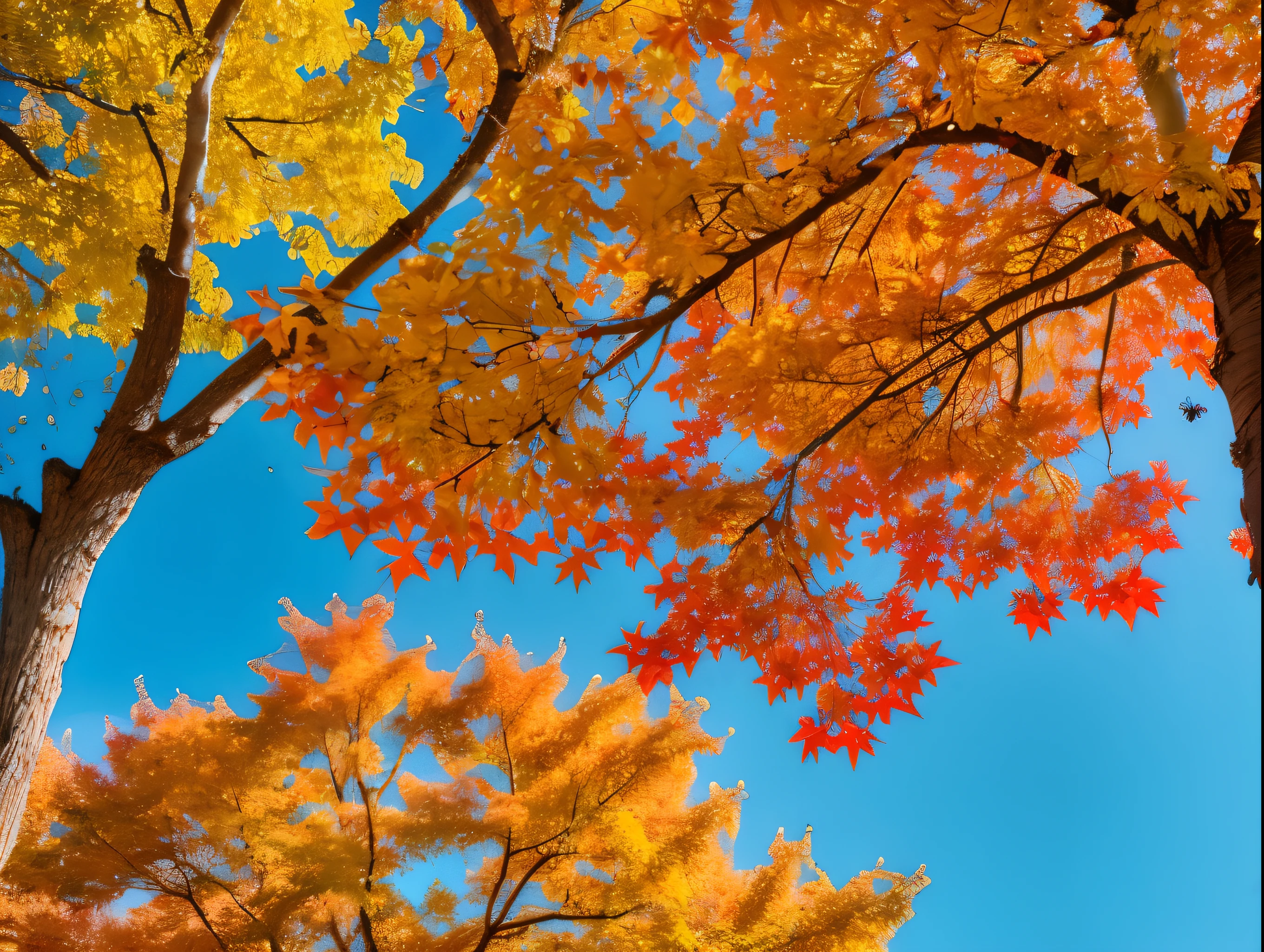 Amidst a backdrop of crisp autumn leaves, a solitary red maple tree stands ablaze with vibrant hues, its branches reaching out like fiery fingers against the cool blue sky. This captivating painting captures the essence of fall with its rich colors and dynamic composition. Every leaf seems to burst with life, creating a scene that is both nostalgic and invigorating. The level of detail is remarkable, showcasing the artist's skill and attention to the beauty of nature. This image exudes a sense of warmth and tranquility, making it a truly stunning masterpiece that evokes the magic of the autumn season.
