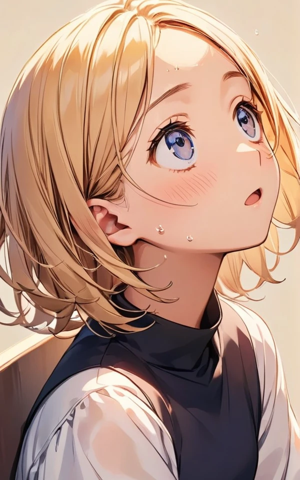 Upper body shot,close-up, face, open mouth, looking up, medium hair, sitting, simple background,Blushing, sweating,