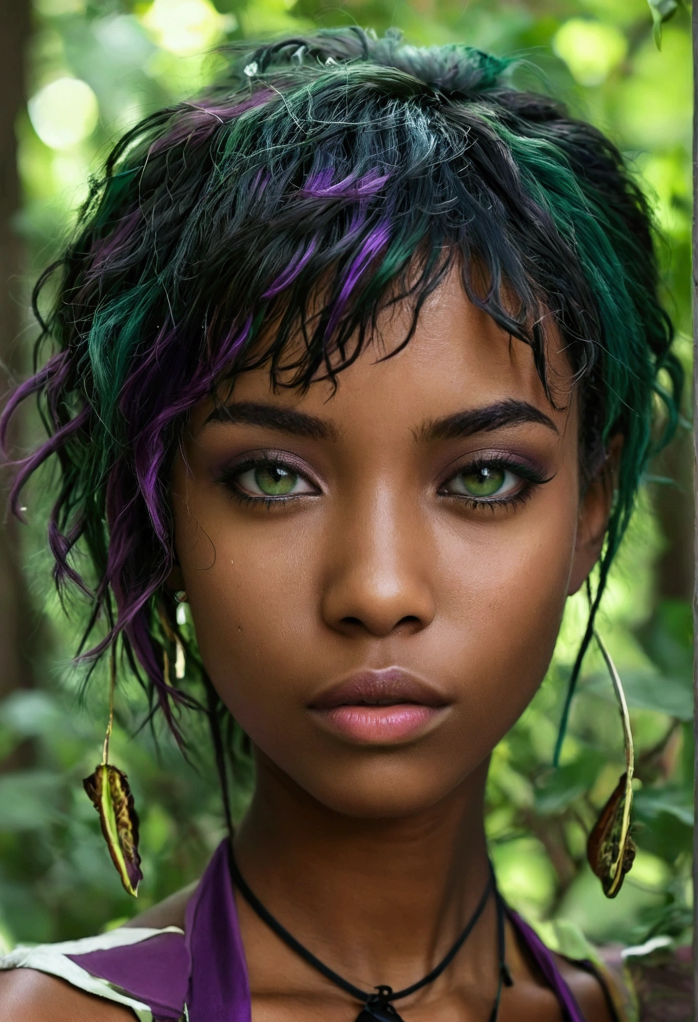 black girl, dark shaped eyes. blackquality hair, shaggy hair curto. Half of the left side of the bangs dyed eggplant purple and forest green hair highlights.