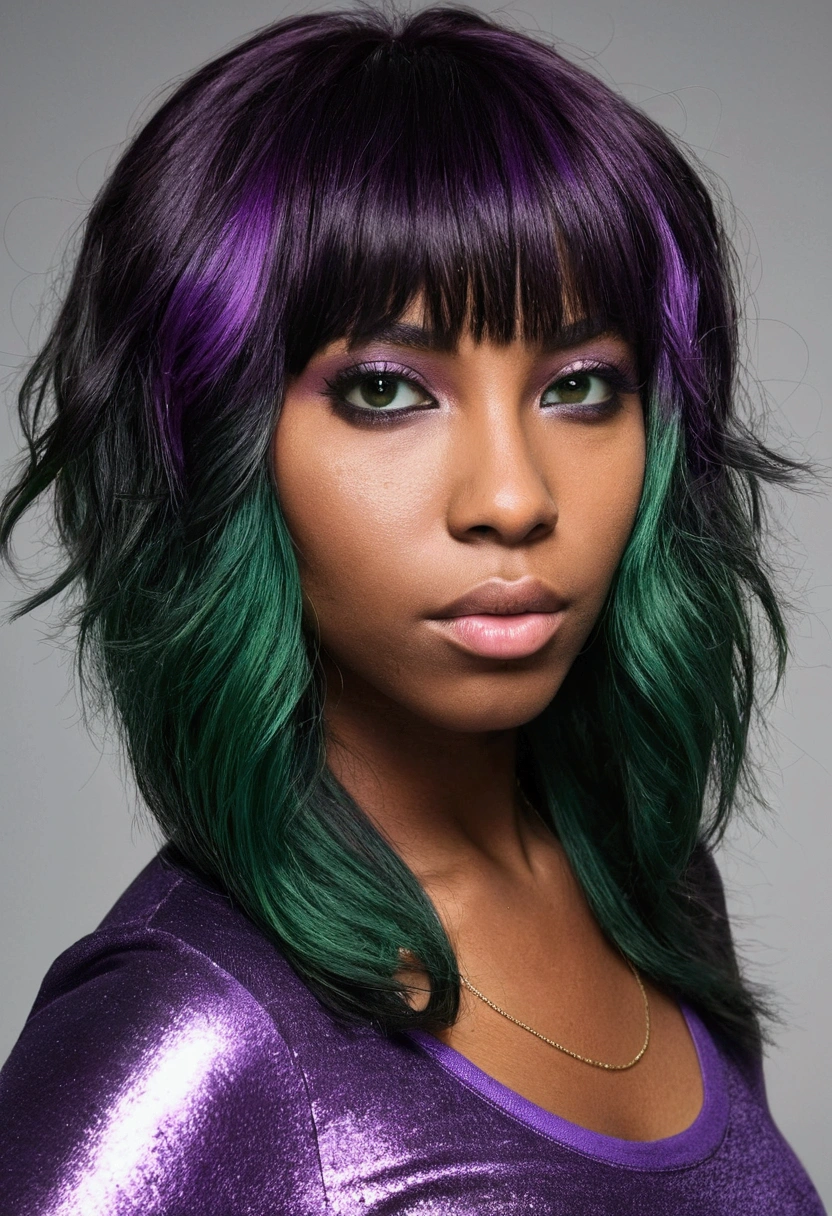 black girl, dark shaped eyes. blackquality hair, shaggy hair curto. Half of the left side of the bangs dyed eggplant purple and forest green hair highlights.